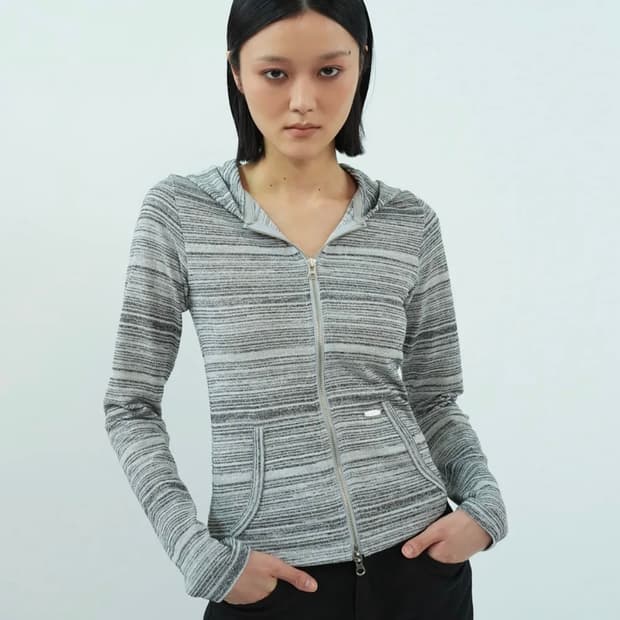 Stripe slim hood zip-up black