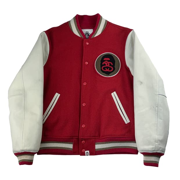 스투시 x 베이프 바시티 자켓 레드 13FW