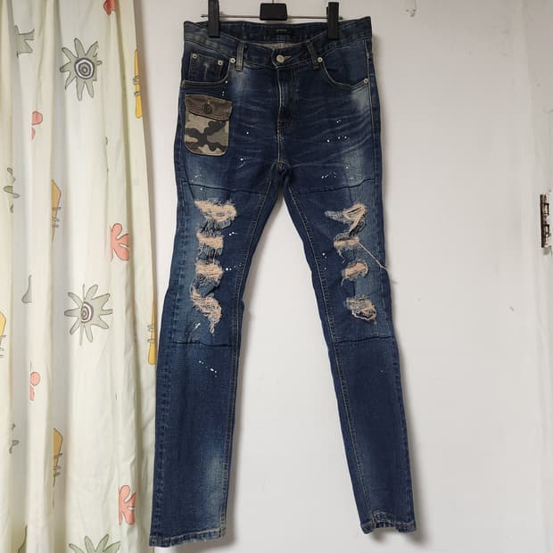 빈티지 데미지 카모 포켓 데님 팬츠 스키니 청바지 30