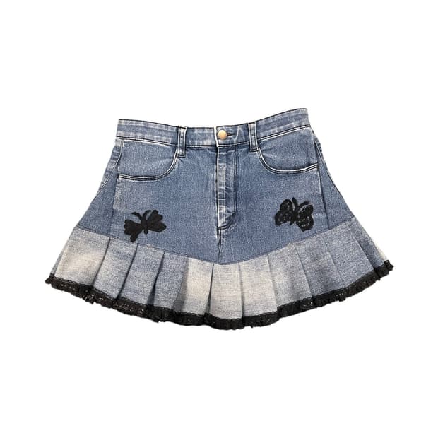 JPN 리워크 데님 자수디테일 플리츠 미니스커트 M