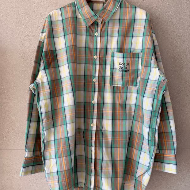 여성 셔츠 오버핏 연두색 오렌지 체크