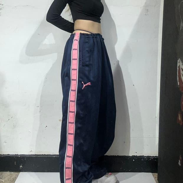 푸마 네이비 핑크 와이드 사이드 라인 추리닝 바지 M