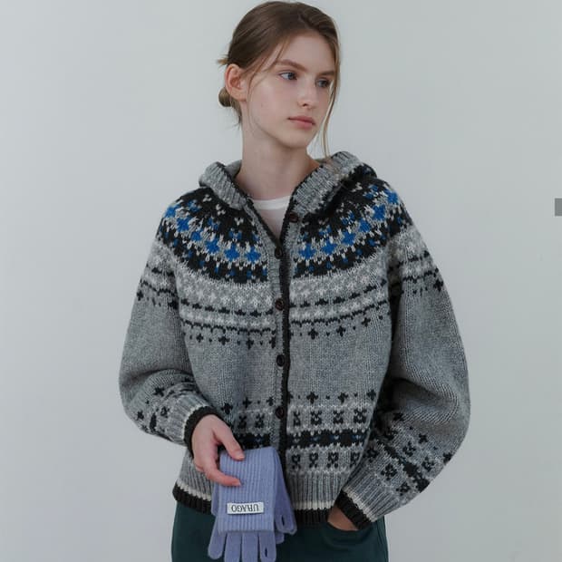 유라고 자카드 후드 가디건 (그레이)