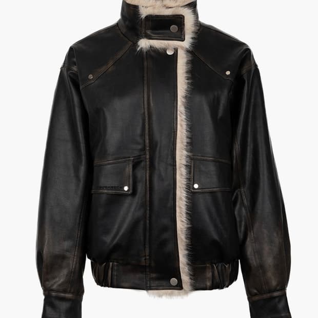 러프넥 워싱 레더 무스탕 자켓 M