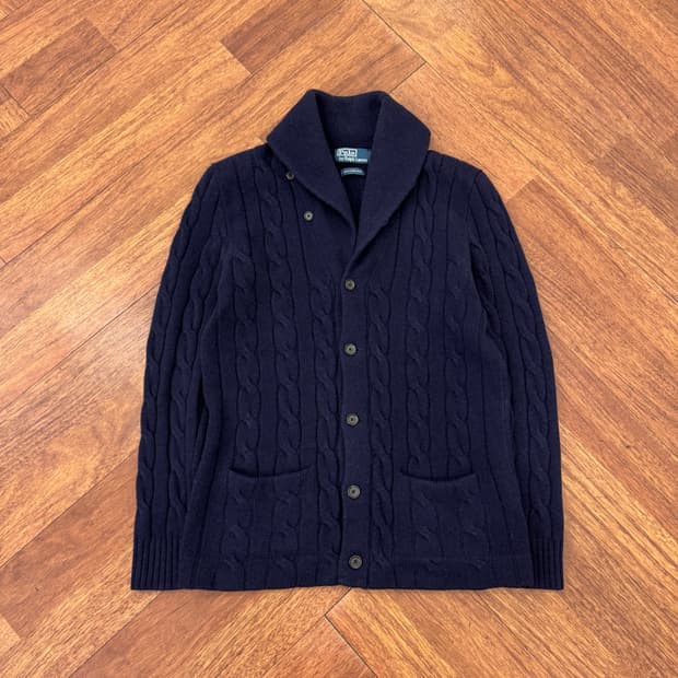 L 폴로 랄프로렌 케이블 램스울 네이비 숄카라 니트 가디건 