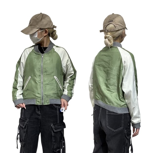 일본 빈티지 그린 화이트 스카잔 빈티지 크롭 스카잔 자켓 