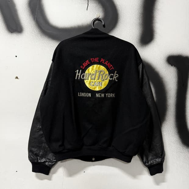 VTG 빈티지 하드락 카페 자수 패치 소가죽 레더 암 바시티 자켓