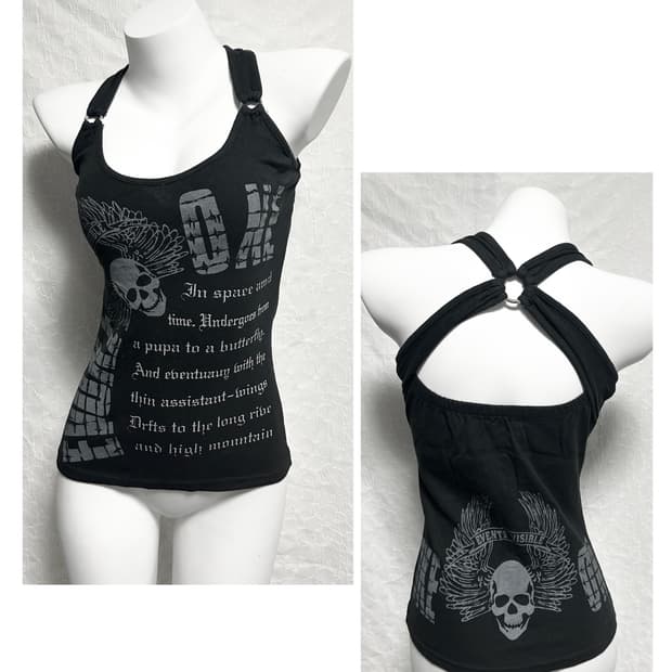 빈티지 d.i.a깔 펑크 해골 레터링 홀터넥 슬리브리스 탑