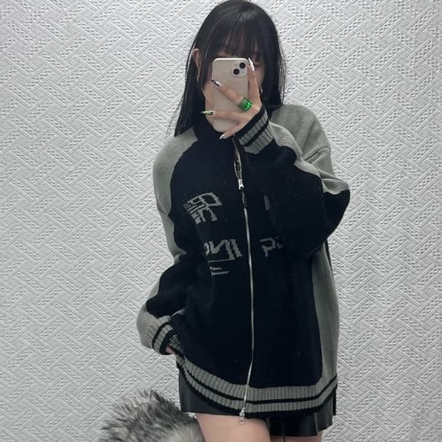 꼼파뇨 커브드 블록 스트릿 힙합 니트 집업 가디건 M C08568