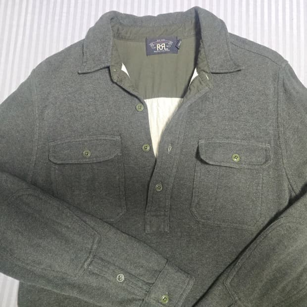 RRL 카키 울 혼방 헨리넥 셔츠, M사이즈