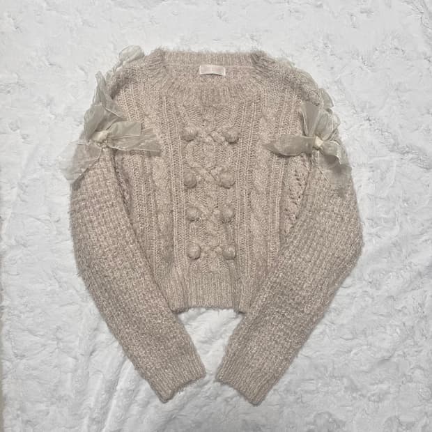 Lizlisa 고전 리즈리사 히메갸루 연베이지 폼폼이 리본 니트 핀터깔