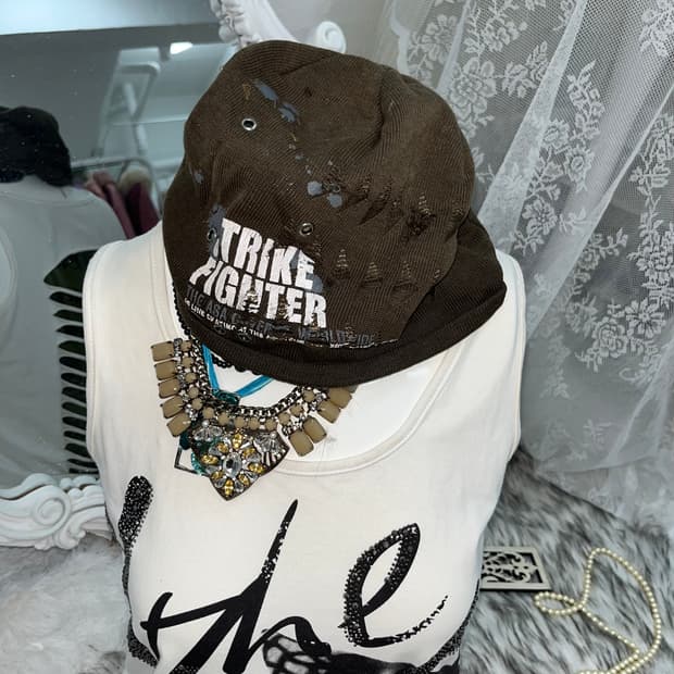 00‘s 그런지 카키 스트라이프 비니