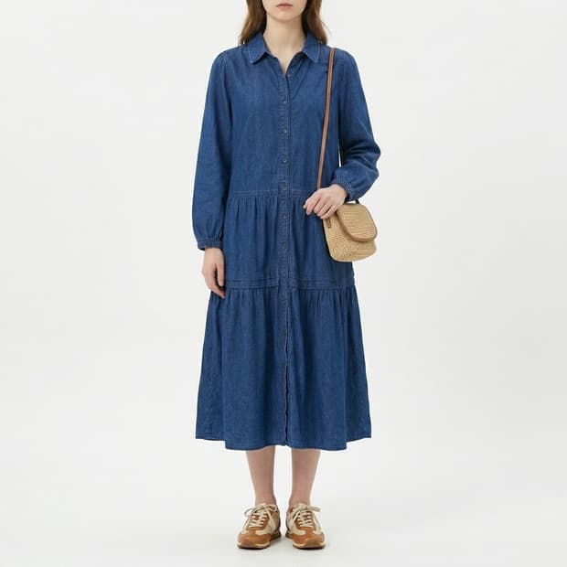 써스데이아일랜드 린넨혼방 데님 롱원피스 S