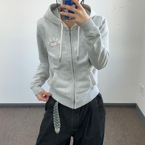 Who.A.U 후아유 화이트&핑크 로고 그레이 후드집업