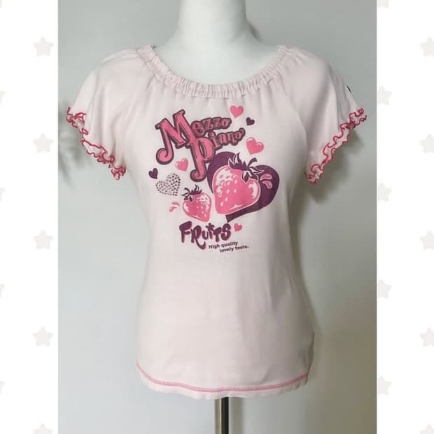 메조피아노 딸기 프린팅 글리터 오프숄더 반팔 조지후쿠 헤이세이 데코라 탑