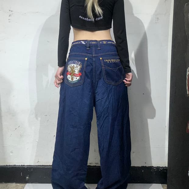 90s 일본 빈티지 진청 hardy 자수 와이드 힙합 데님 팬츠 청바지 