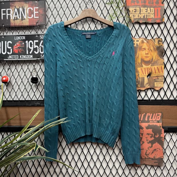 폴로 랄프로렌 케이블 니트 핑크 포니 포인트 블루그린