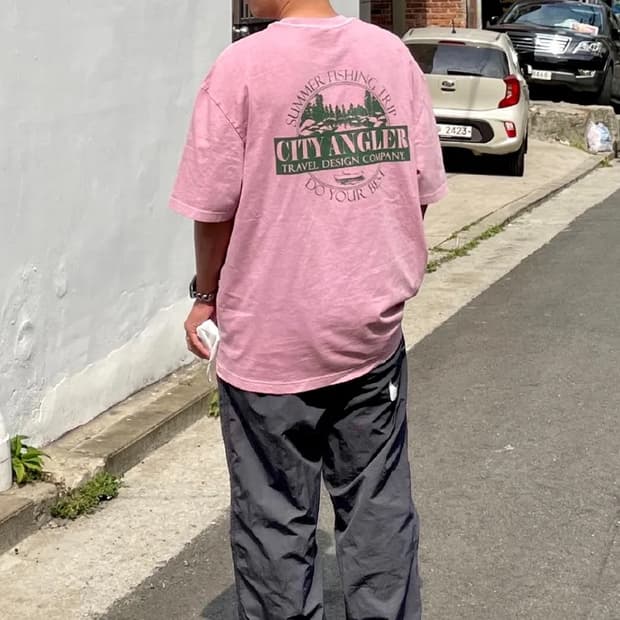 앵글러 슬로건 피그먼트 반팔티(핑크 S)