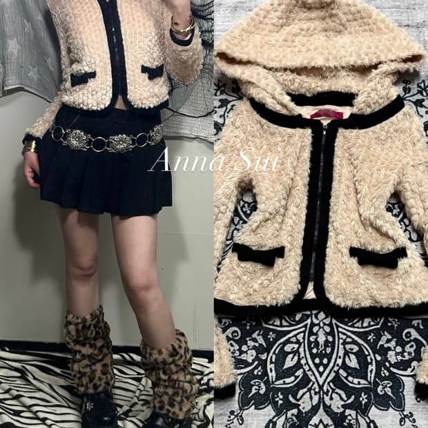 Anna Sui dolly girl fur zip hooded jacke