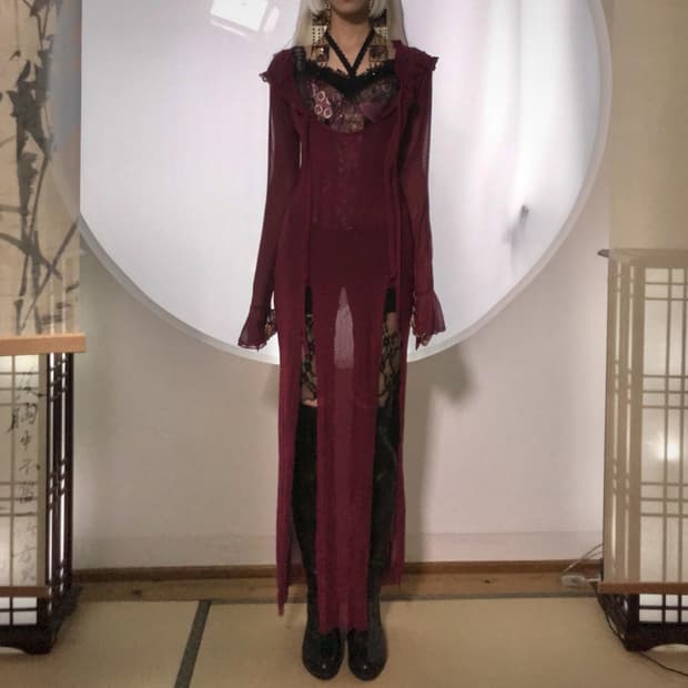 Double front silt sheer dress ( magenta)
