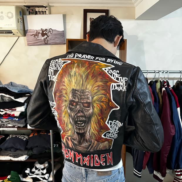 90s U.S.A 아이언메이든 핸드페인트 레더 라이더 자켓