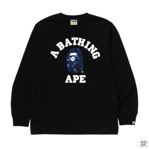 베이프 컬러 카모 컬리지 롱슬리브 티셔츠 블랙 네이비