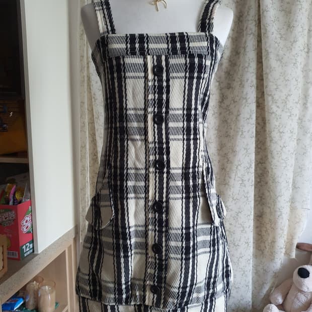 [빈티지] 체크무늬 멜빵 미니 원피스 44