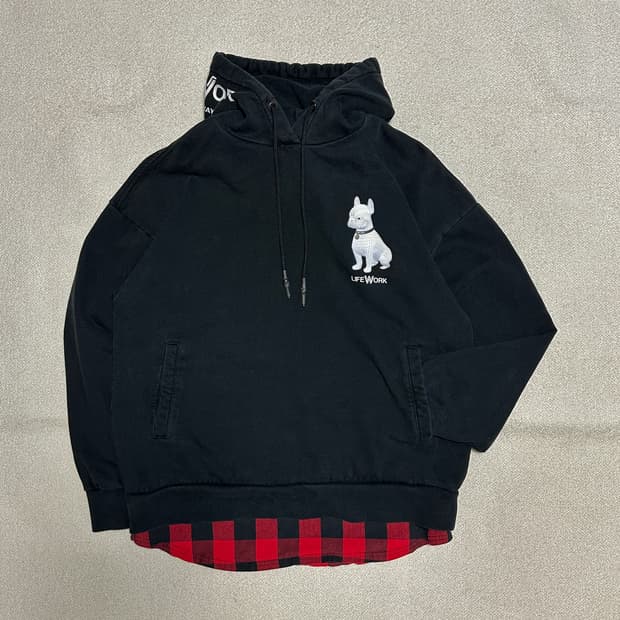 라이프워크 깅엄체크 레이어드 라독 후드티