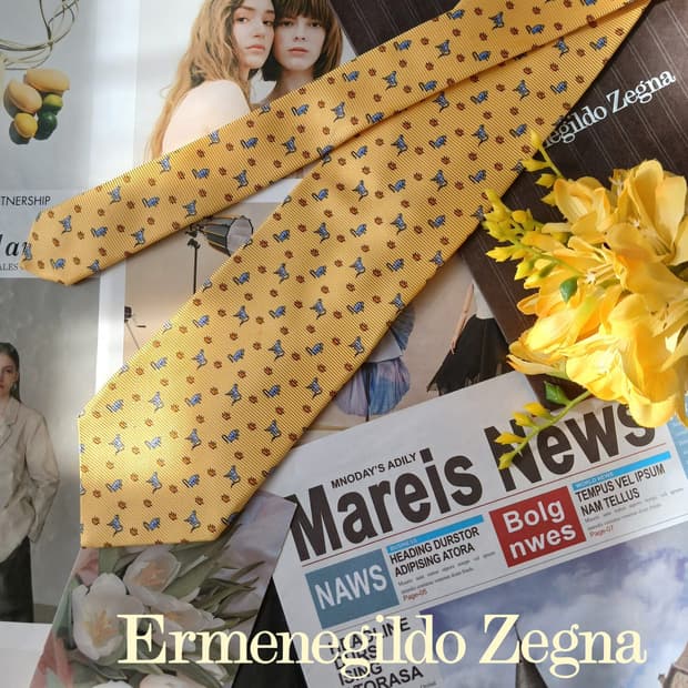 제냐 실크 옐로우 원숭이 모티브 넥타이 9.6cm A등급 A19678