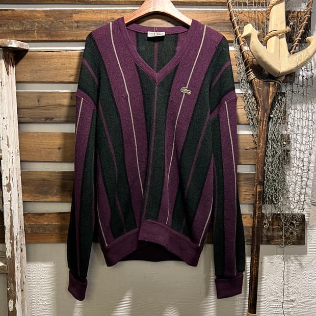 [L]90's 라코스테 빈티지 스트라이프 버건디 울 니트