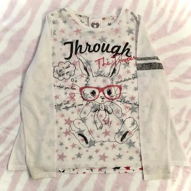 빈티지 조지후쿠 헤이세이 갸루모리너드니혼진미소녀 별토끼 레터링 티셔츠