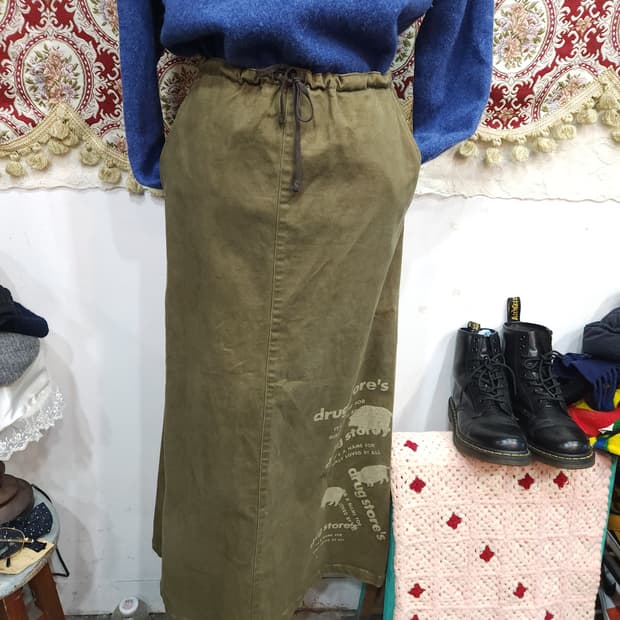 드러그스토어 카키 벤딩 코튼 롱 스커트 drugstore's
