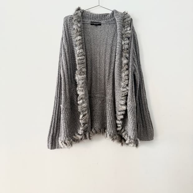 Rabbit fur trimming open cardigan / grey