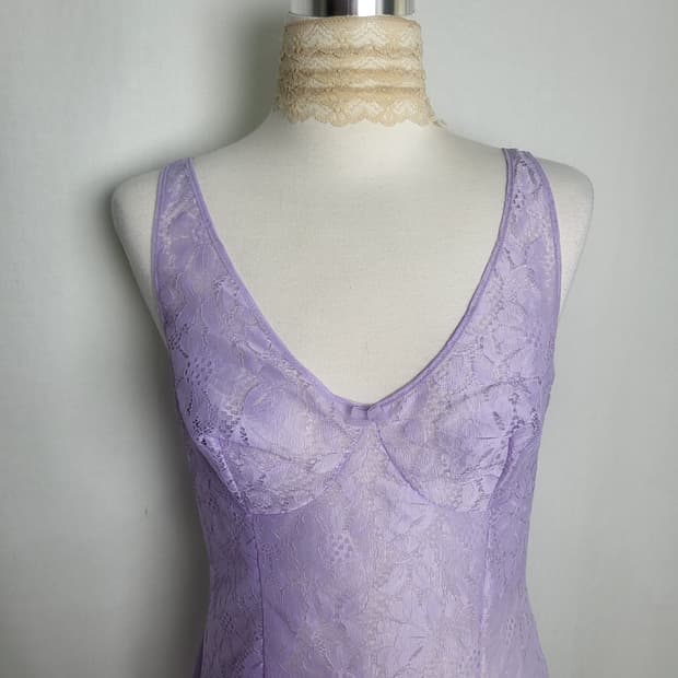 빈티지 뮤트 퍼플 레이스 슬립 원피스