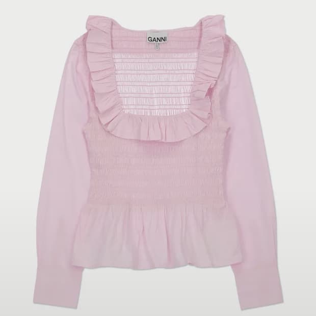 34) 가니 GANNI 여성 핑크 코튼 포플린 러플 탑 블라우스
