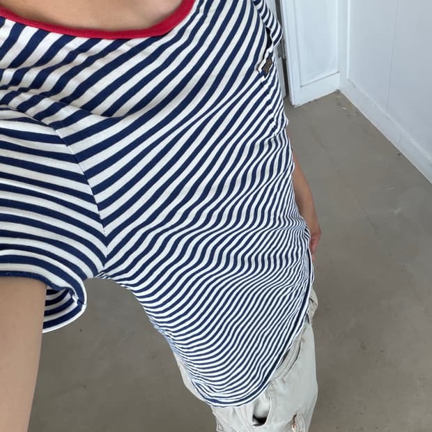빈티지 폴로 넥배색 스트라이프 티셔츠 S Navy