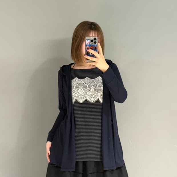 stripe top layered detail hood cardigan