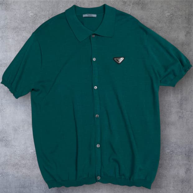 프라다 Prada 그린 트라이앵글 로고 카라 반팔 니트 가디건 M