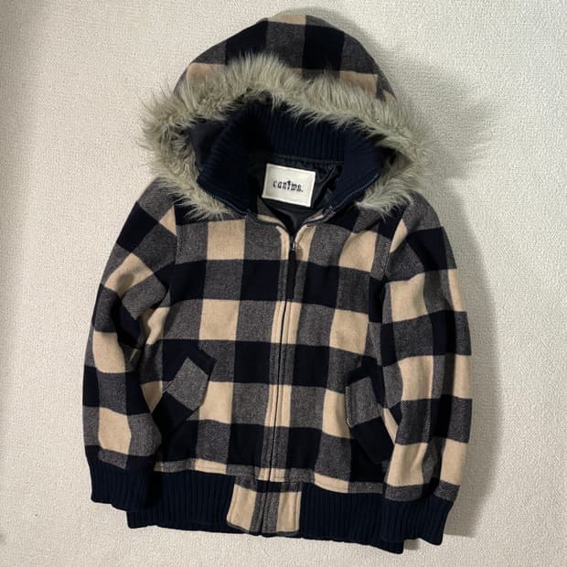 일본빈티지 네이비 체크 퍼 후디 아우터