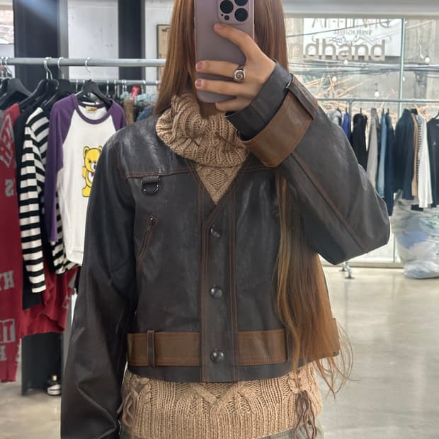 3CE 스타일난다  벨티드디테일 포켓레더자켓 데드스탁