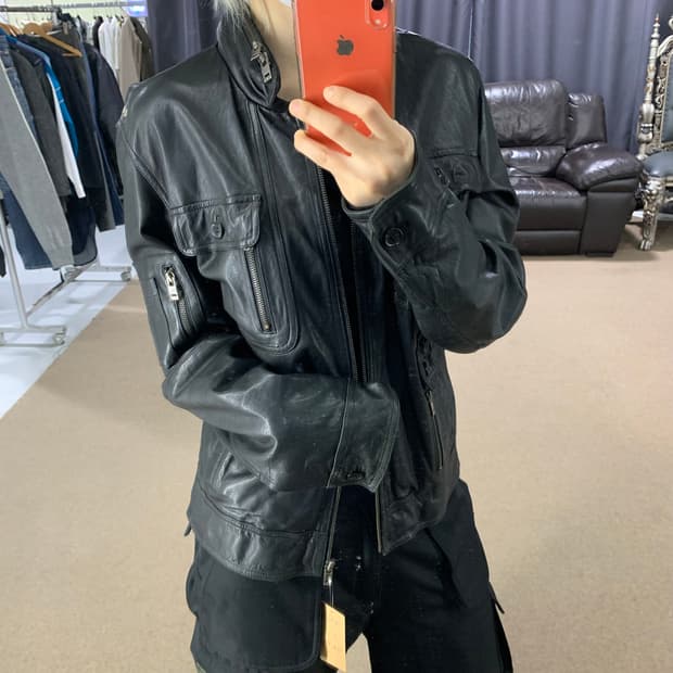지오지아 ziozia 블랙 지퍼 모크넥 포켓 양가죽 자켓 리얼레더