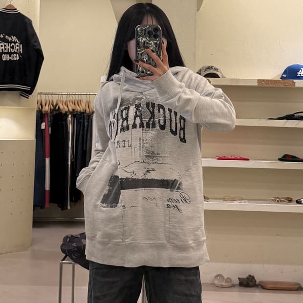 버커루 빈티지 프린팅 후드 그레이 U1709