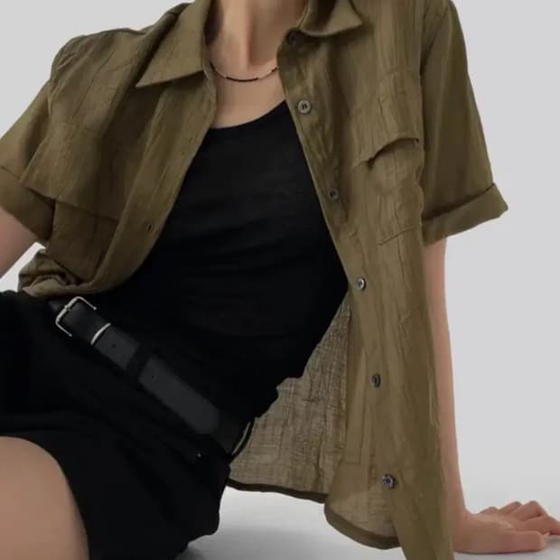어텀 링클 반팔 셔츠 카키