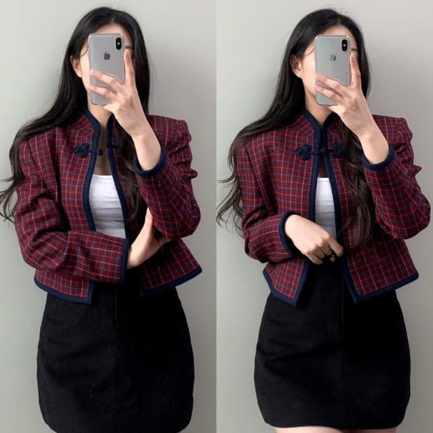 입생로랑 체크 트위드 차이나 자켓