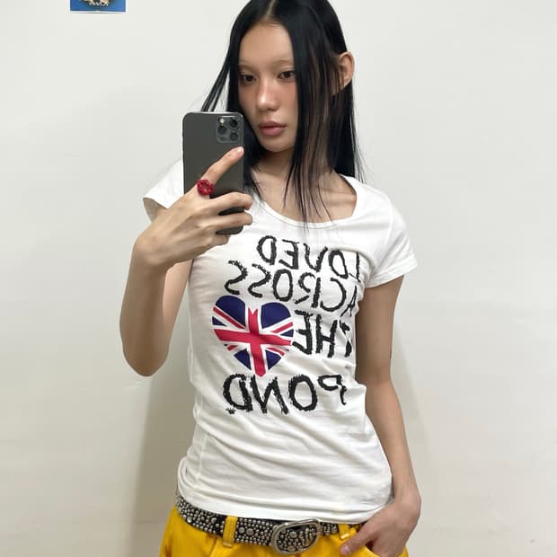 Heart American flag lettering white T-sh