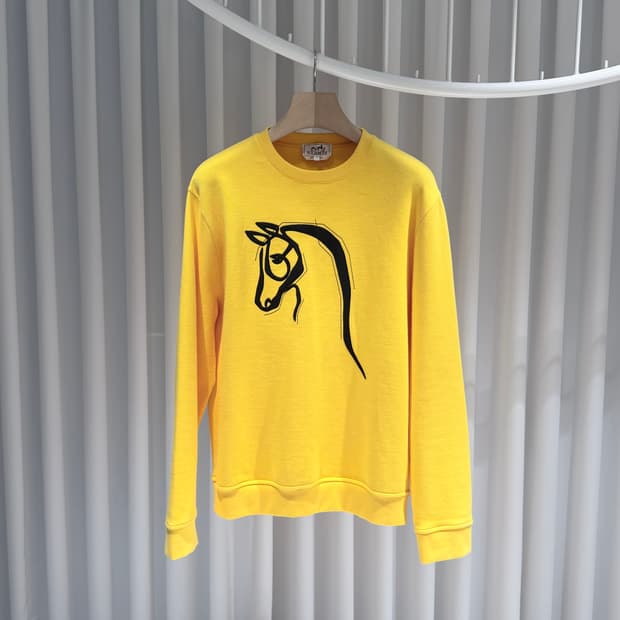(A+/L) / 에르메스 홀스 레더 가죽 패치 스웨트셔츠 맨투맨 옐로우
