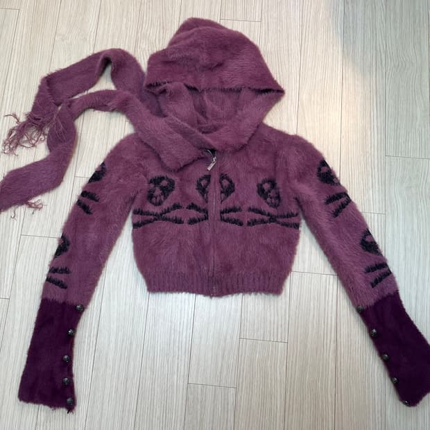 해골 니트 크롭 후드집업 