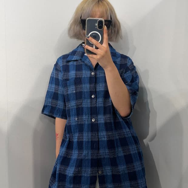 XL 사무라이 진스 아이란 체크 오픈 컬러 반팔 셔츠 블루
