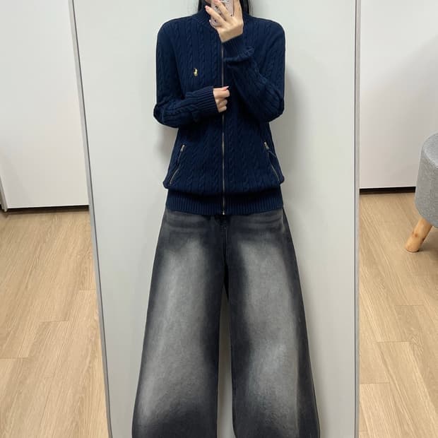 폴로 랄프로렌 골드 포니 네이비 꽈배기 니트 집업