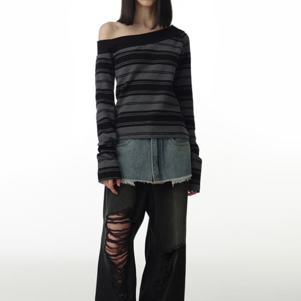 원 숄더 스트라이프 티셔츠